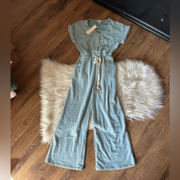 ROOLEE Button Front Drawstring Waist Blue Jumpsuit - Picture 2 of 4